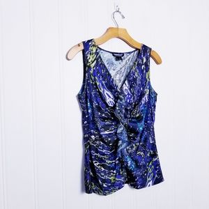 St John Silk Blend Shell Blouse Metallic Print Ruffle Front Sleeveless 2